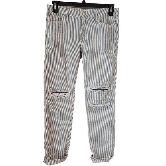 Hudson Jude Slouch Skinny Crop Jeans 25 White Blue Stripe Distressed Denim\ - Picture 1 of 6